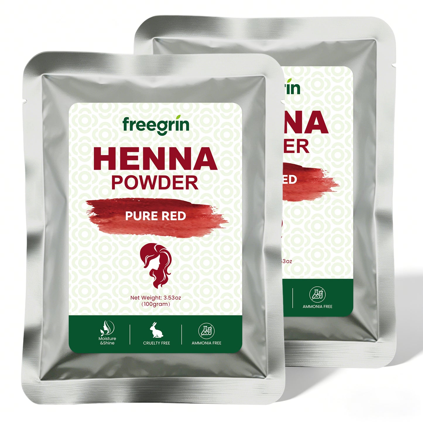 Freegrin pure red powder henna in silver resealable packets with cruelty free and ammonia free labels