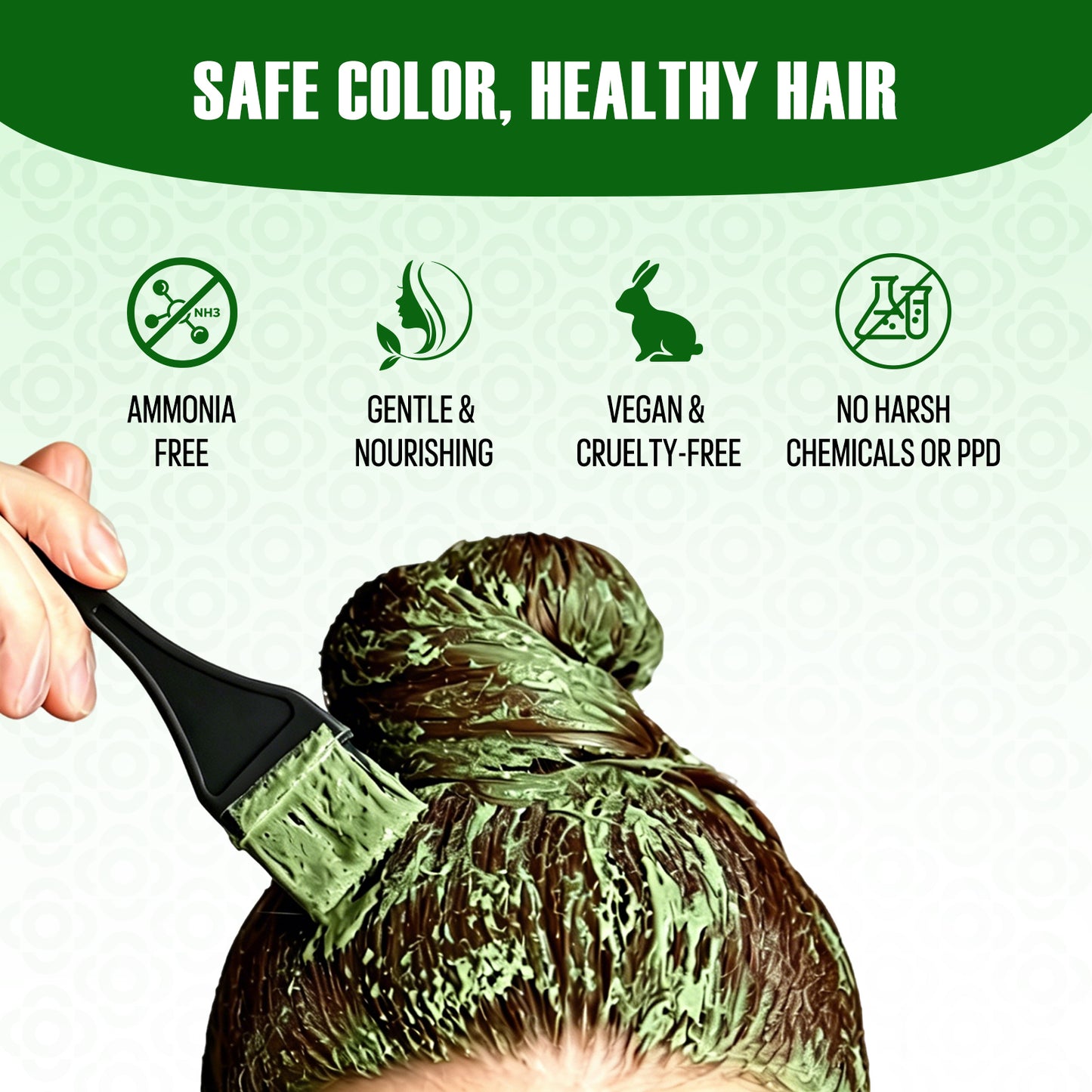 Applying powder henna hair color showing ammonia free gentle nourishing vegan and no harsh chemicals
