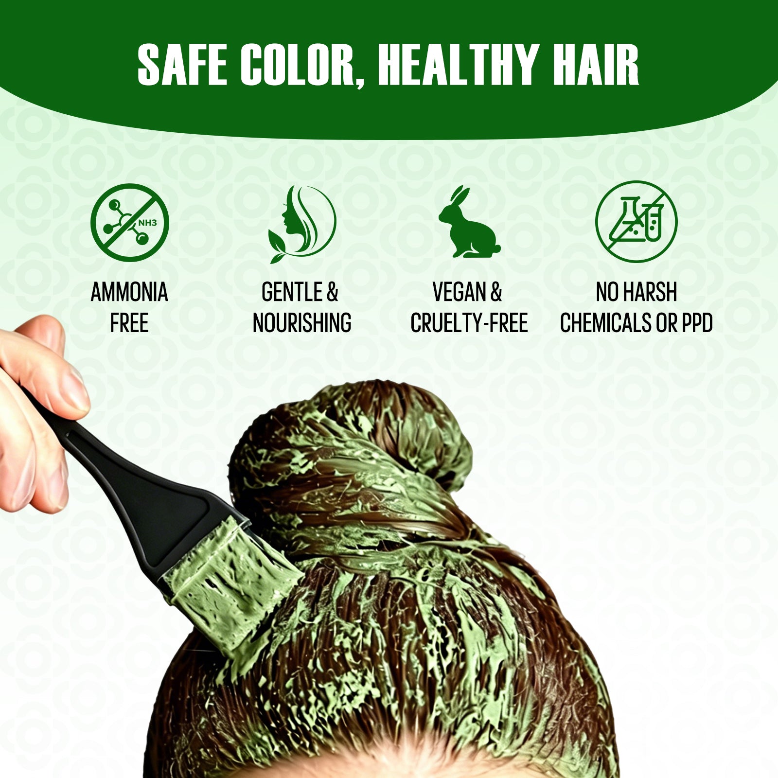 Applying powder henna hair color showing ammonia free gentle nourishing vegan and no harsh chemicals