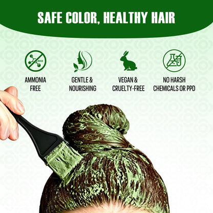 Applying powder henna hair color showing ammonia free gentle nourishing vegan and no harsh chemicals
