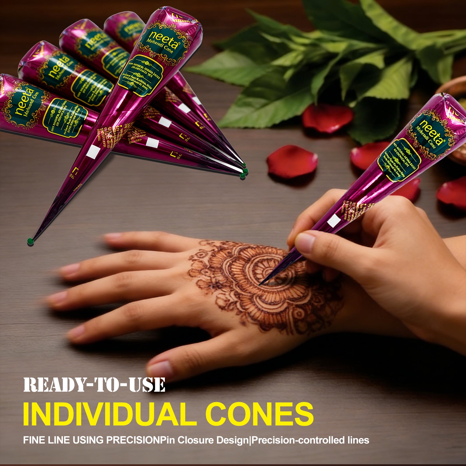 Freegrin ready-to-use henna Mehndi cones featuring a precision pin closure design. Perfect for drawing fine, precision-controlled lines for intricate hand art and temporary tattoos