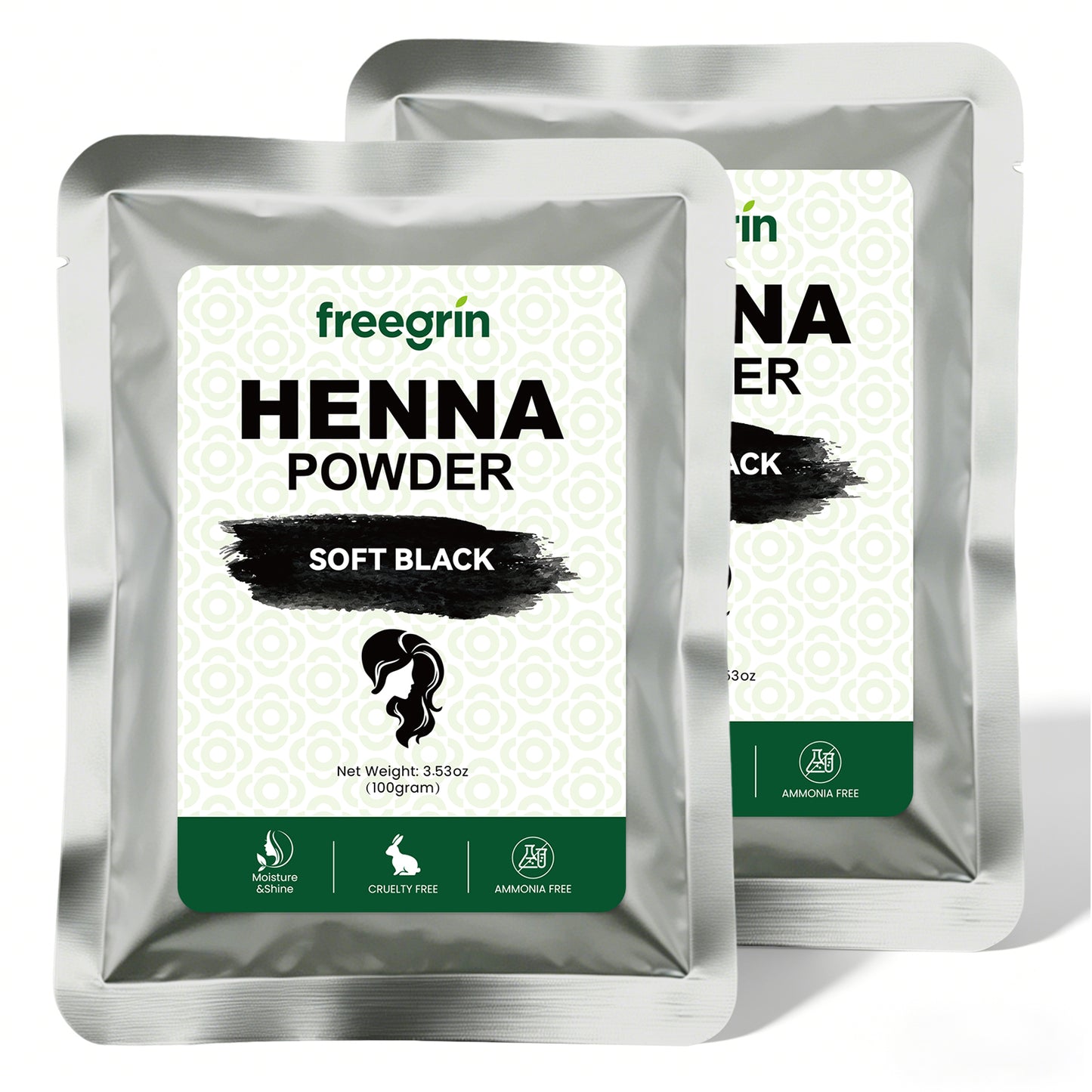 Twin pack of Freegrin Soft Black Henna Powder, 100g pouches. Natural, ammonia-free, and cruelty-free hair dye