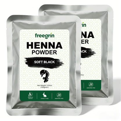 Twin pack of Freegrin Soft Black Henna Powder, 100g pouches. Natural, ammonia-free, and cruelty-free hair dye