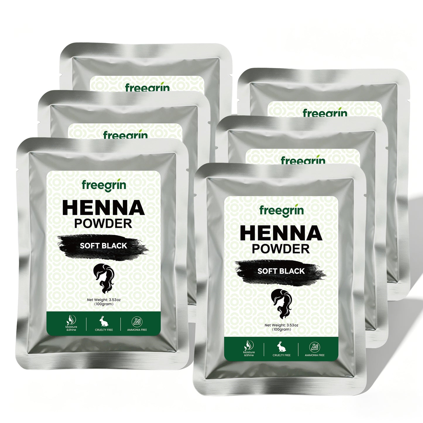 Six pack of Freegrin Soft Black Henna Powder, 100g pouches. Natural, ammonia-free, and cruelty-free hair dye