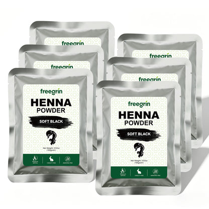 Six pack of Freegrin Soft Black Henna Powder, 100g pouches. Natural, ammonia-free, and cruelty-free hair dye