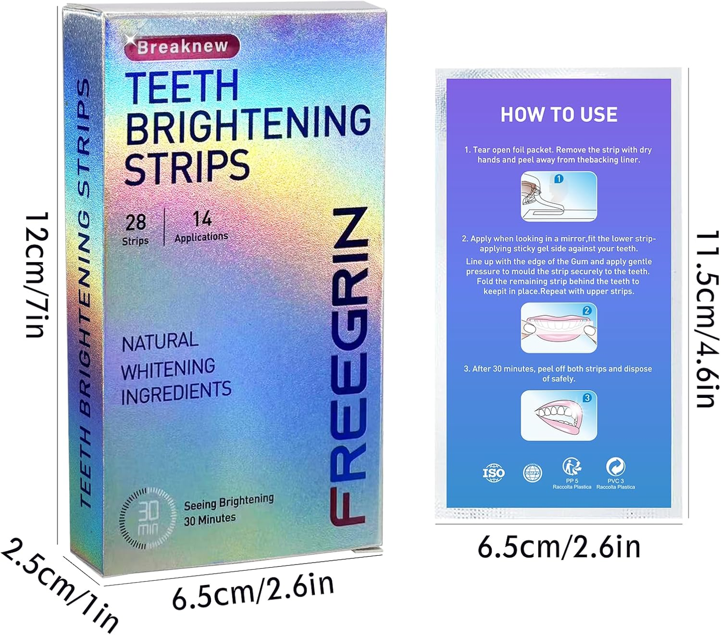 Freegrin teeth bleach whitening strips box with natural whitening ingredients and usage instructions