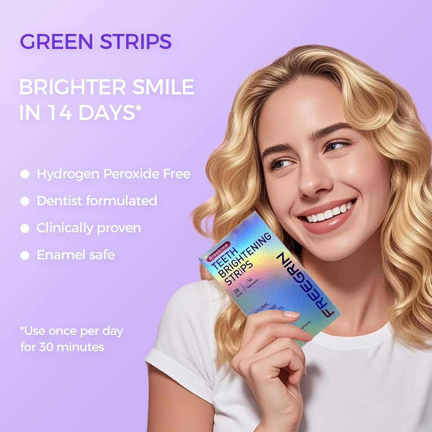 Smiling woman holding teeth bleach whitening green strips package for brighter smile in 14 days