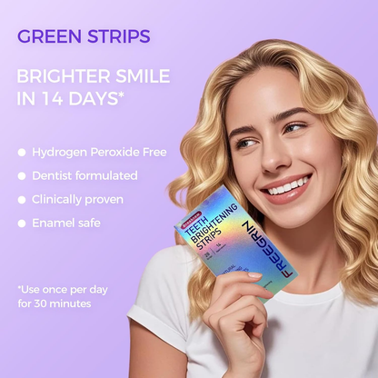 Smiling woman holding teeth bleach whitening green strips package for brighter smile in 14 days