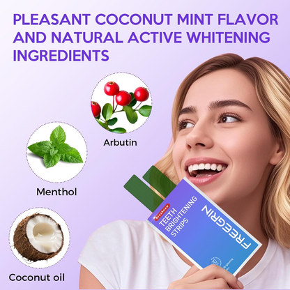 Smiling woman holding Freegrin teeth bleach whitening strips with coconut mint flavor and natural whitening ingredients