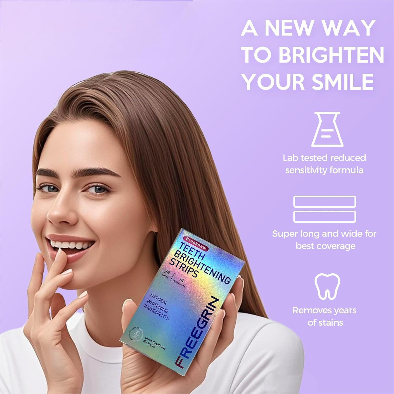 Smiling woman holding Freegrin teeth bleach whitening strips box with benefits on purple background