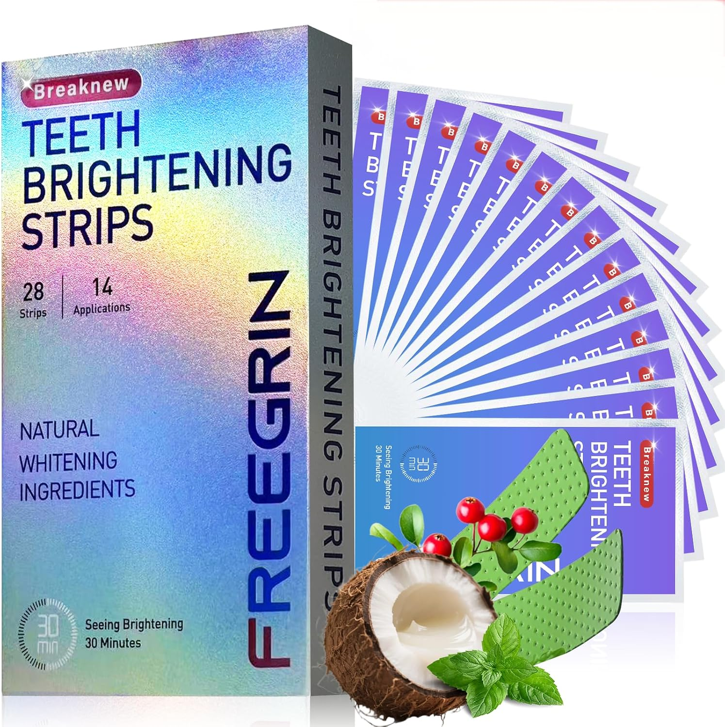 Freegrin teeth bleach whitening strips with natural ingredients including coconut and mint for brightening teeth