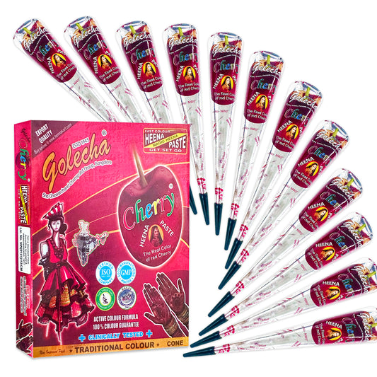 Golecha cherry henna paste cones with fast color formula and traditional red cherry color packaging